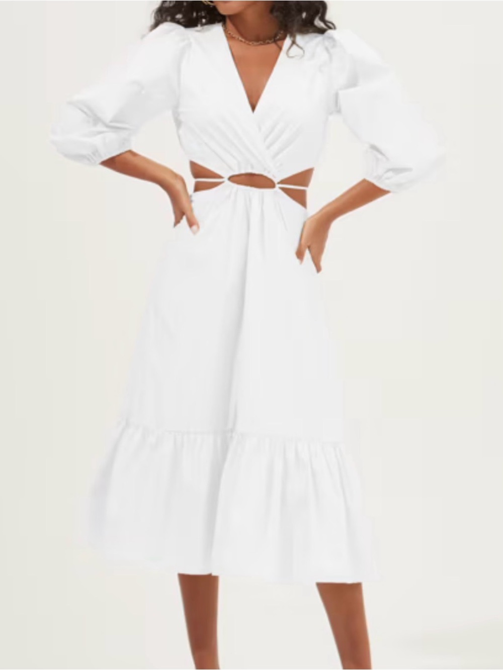 ASTR The Label Rosewood Midi Dress with a cutout waist.